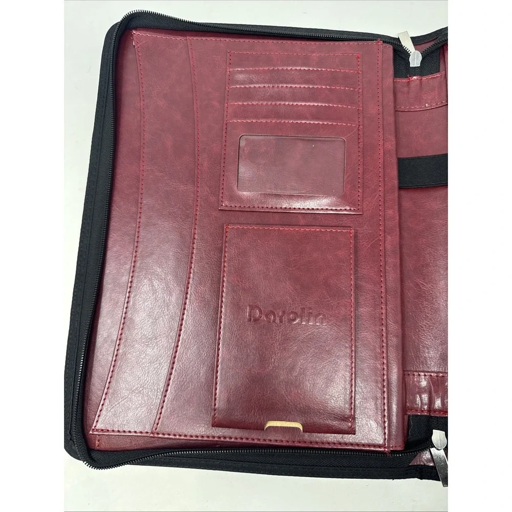 Darolin Zippered Leather Padfolio Portfolio w/Hidden Handle Maroon Faux Leather‎